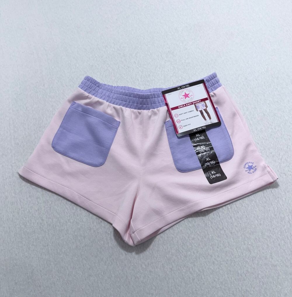 Converse Girl’s Knit Shorts Pink Purple Elastic Waist Pockets Size XL 14/16